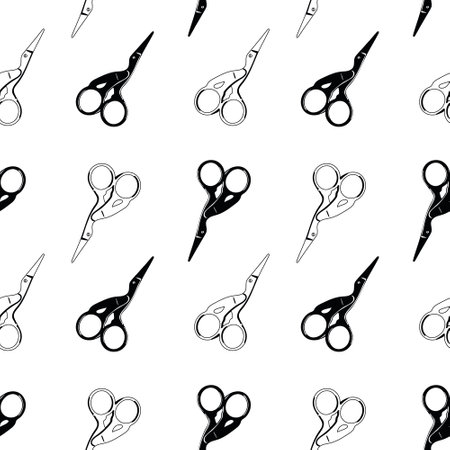 Embroidery scissors seamless pattern. Small Crane Scissors backdrop. White background with tailor scissorsのイラスト素材