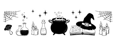 Witchcraft horizontal border. Mystic magical hand drawn ink elements. Witch cauldron, hat, books and other design elements for Halloween. Sketch style. Vector illustrationのイラスト素材