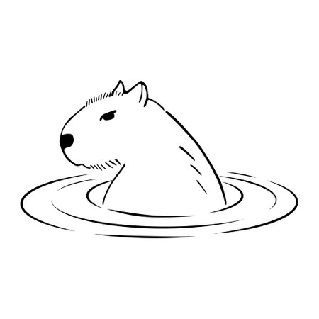 Capybara takes a bath in pond. Rodent chilling in water. Cute animal character in sketch style. Outline vector illustrationのイラスト素材
