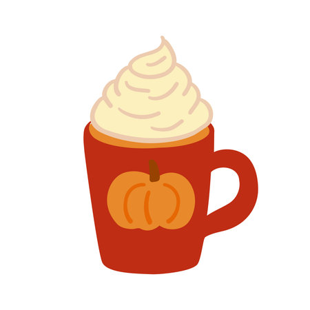 Pumpkin Spice Latte topped with whipped cream. Autumn coffee in red rustic mug. Cozy home atmosphere, lagom and relaxation. Hand drawn flat vector illustrationのイラスト素材