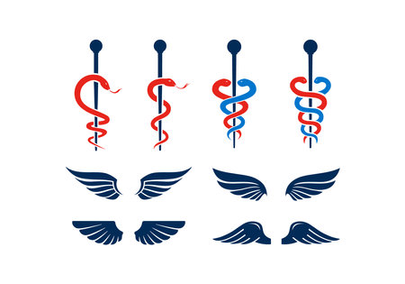 Rod, caduceus snake, wings. Set of medical pharmacy healthcare logo icon design collectionのイラスト素材