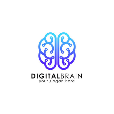 digital brain logo design template. electric brain logo vector iconのイラスト素材