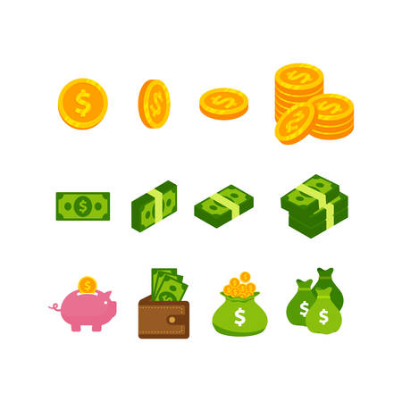 Money cash and coins vector icon design. pile of cash money and some gold coins designのイラスト素材