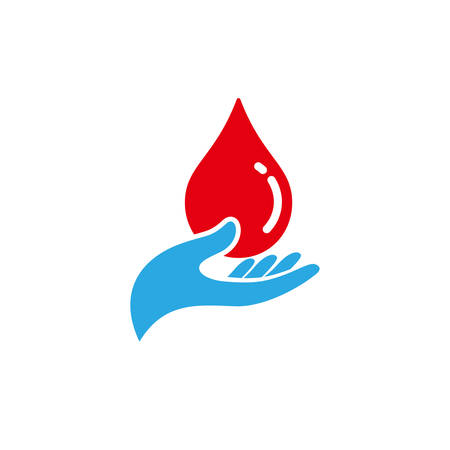 Red blood drop in hand isolated on white background. blood donor volunteer vector design.のイラスト素材