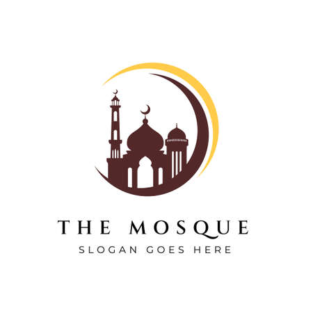 Mosque icon silhouette logo vector design isolated on crescent moon illustrationのイラスト素材