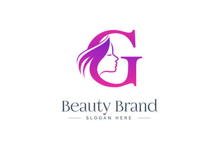 Letter G beauty logo design. Woman face silhouette isolated on letter G.のイラスト素材