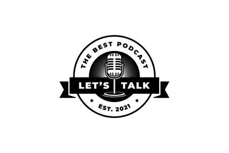 Podcast station singer karaoke with retro microphone. Design element for logo, label, emblem, sign.のイラスト素材