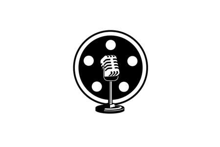 Movie podcast vector logo template. Mic microphone and film reel logo illustration.のイラスト素材