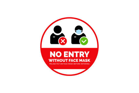 Face mask required warning prevention sign. No face mask no entry sign design. Human profile silhouette with face mask in rounded frame.のイラスト素材