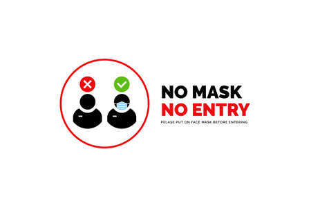 Face mask required warning prevention sign. No face mask no entry sign design. Human profile silhouette with face mask in rounded frame.のイラスト素材