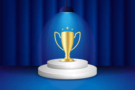 Stage podium scene with lighting for Award Ceremony. Winner round pedestal with golden trophy cup symbol, laurel wreath and ribbon.のイラスト素材