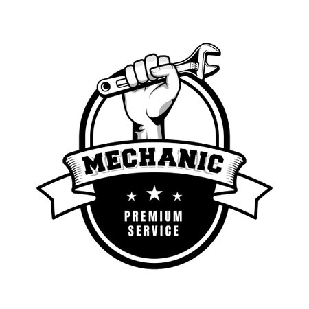 Mechanic badge logo design in retro style. Plumber logo design templateのイラスト素材