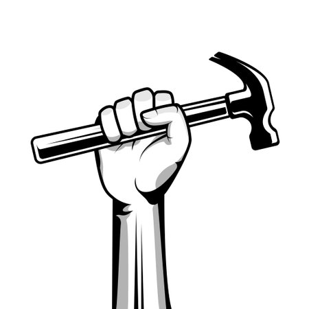 Hand holding hammer illustration clip art for carpenter logo isolated on white backgroundのイラスト素材