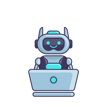 Robot character work with laptop vector illustration. Cute Cartoon Robot Illustration Designのイラスト素材