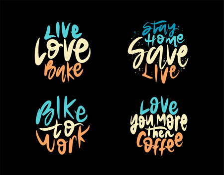 Set lettering Text on black background in vector illustration. For Typography poster, photo album, label, photo overlays, greeting cards, T-shirts, bags.のイラスト素材