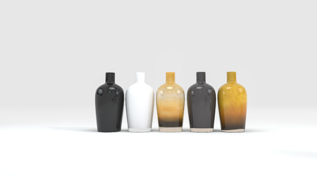 3d rendering row of colorful bottle in white backgroundの写真素材