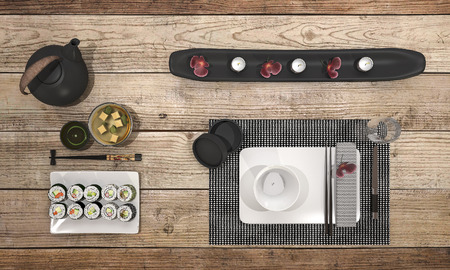 3d rendering look delicious sushi plate with black bowl soup on dining tableの写真素材
