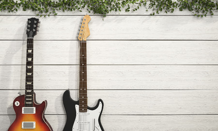 3d rendering electrical guitar near  white wooden wall with ivyの写真素材