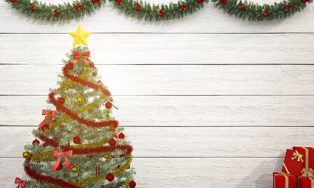 3d rendering red gift box near christmas tree with decoration and sun glareの写真素材