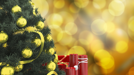3d rendering close up christmas tree with red candle and yellow blur background with space for put words onの写真素材