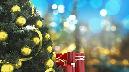 3d rendering close up christmas tree with red candle and cool tone blur background with space for put words onの写真素材
