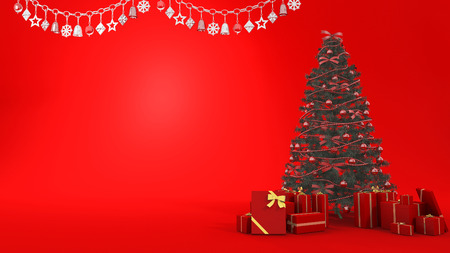 3d rendering red bell on christmas tree with gift and decor in red background with space for put words onの写真素材