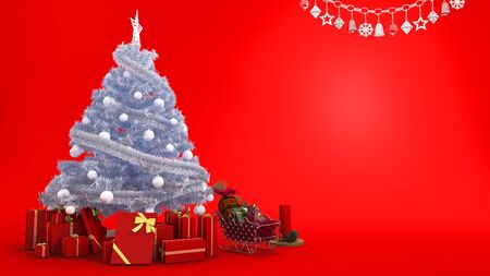 3d rendering white christmas tree with gift and decor in red background with space for put words onの写真素材