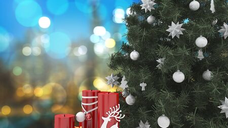 3d rendering close up christmas tree with red candle decor and bluer blur background with space for put words onの写真素材