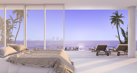3d rendering luxury villa bedroom near beach and palm tree with beautiful evening scene from windowの写真素材