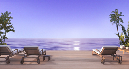 3d rendering beautiful beach bed on terrace near beach and sea with nice sky view and palm tree in hawaii in the eveningの写真素材