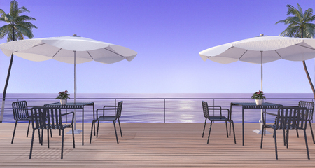 3d rendering dining set on wood terrace near sea in summer with umbrella beach in twilight sceneの写真素材