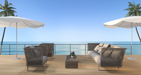 3d rendering vintage beach armchair on wood terrace near sea in summer with umbrellaの写真素材