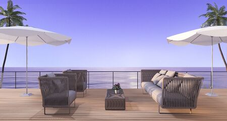 3d rendering vintage beach armchair on wood terrace near sea in twilight sceneの写真素材