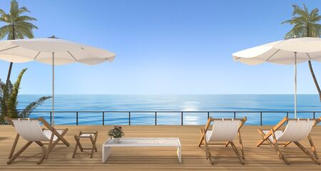 3d rendering vintage beach bed on wood terrace near sea in hawaiiの写真素材