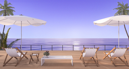 3d rendering vintage beach bed on wood terrace near sea in twilight sceneの写真素材