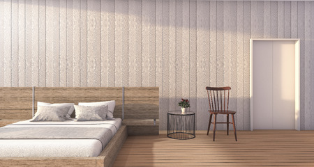 3d rendering minimal white wood bedroom with romantic daylightの写真素材