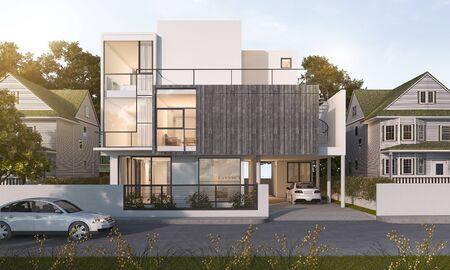 3d rendering beautiful modern house in village near park in summerの写真素材