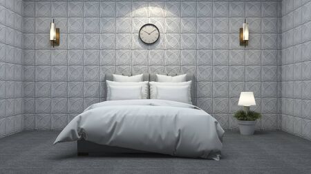 3d rendering beautiful white bed in white texture wall bedroomの写真素材
