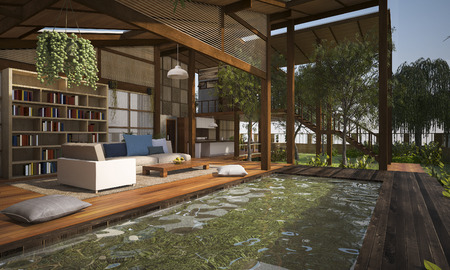 3D rendering contemporary wood living terrace and lounge with pool for example of good composition of furniture near wood terrace and living roomの写真素材