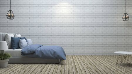 3d rendering white brick wall bedroom with nice bed and furniture