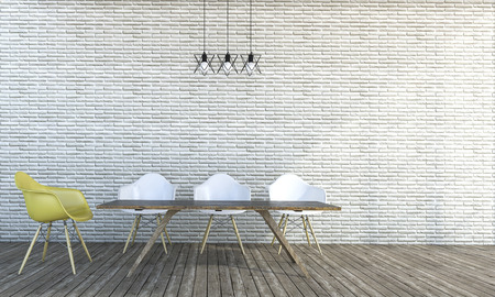 3d rendering minimal style white brick wall with chairsの写真素材
