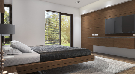 3d rendering wood modern style bedroom with tv near windowの写真素材