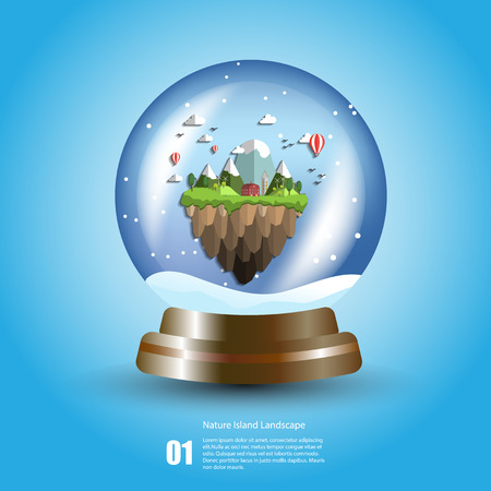 stock vector floating green island adventure and tourism vacation in nice bright sphereのイラスト素材