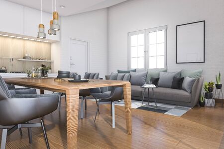 3d rendering wood loft kitchen with bar and sofa near doorの写真素材