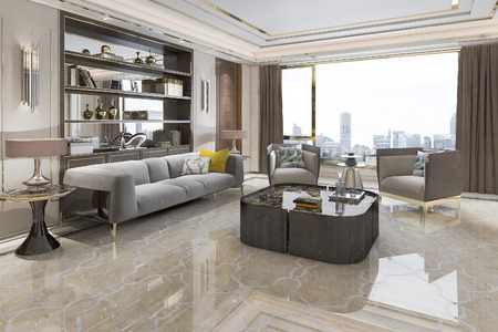 3d rendering loft luxury living room with bookshelf