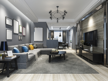 3d rendering modern dining room and living room with luxury decor