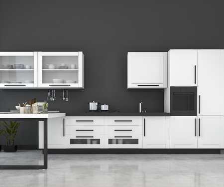 3d rendering white minimal mock up loft kitchen with wood decorationの写真素材