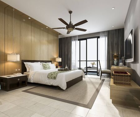 3d rendering luxury tropical bedroom suite in resort hotel and resort