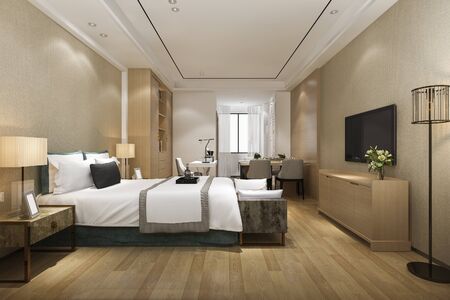 3d rendering luxury modern bedroom suite in hotel with dining tableの写真素材
