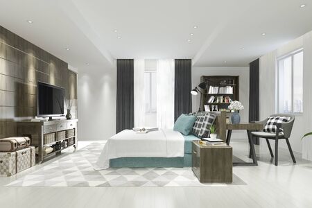 3d rendering beautiful luxury blue bedroom suite in hotel with tv and working tableの写真素材